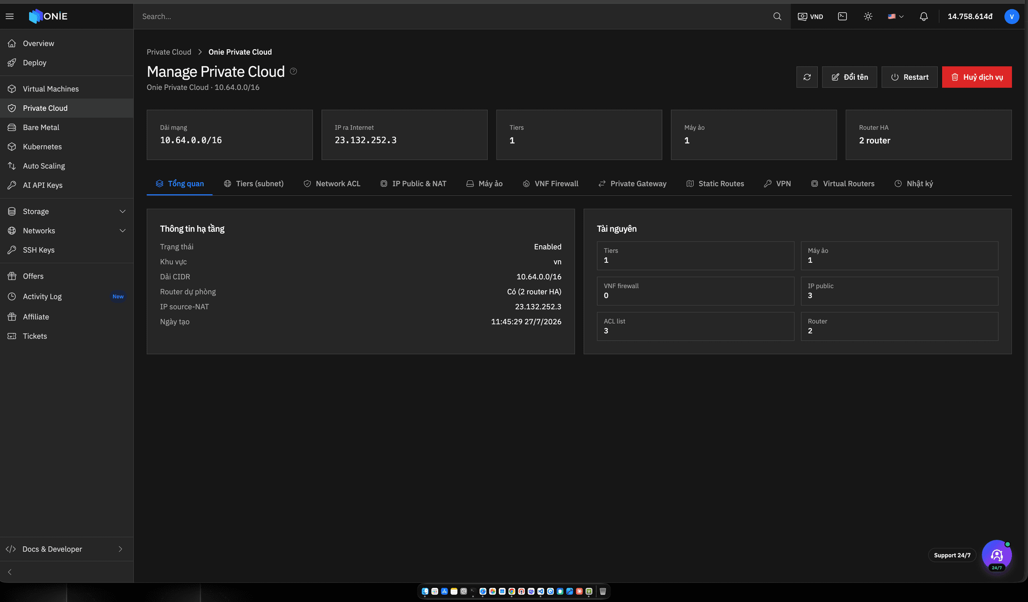 Màn hình quản trị Private Cloud của Onie Cloud